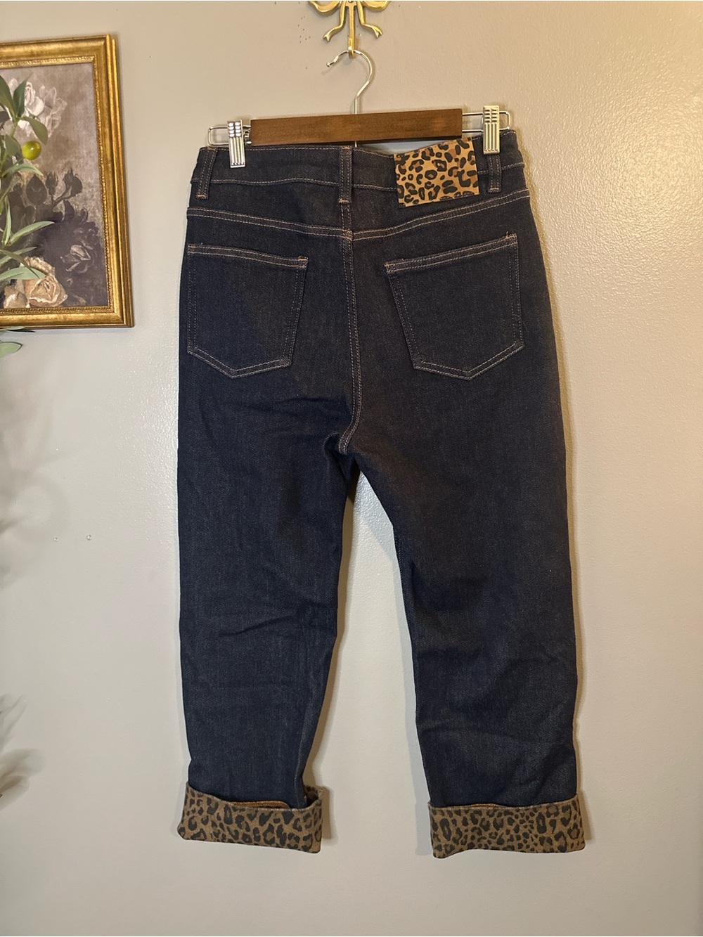 Leopard Cuff Capri Jeans L Dark Wash Stretch Denim Y2K Rockabilly - Picture 3 of 9